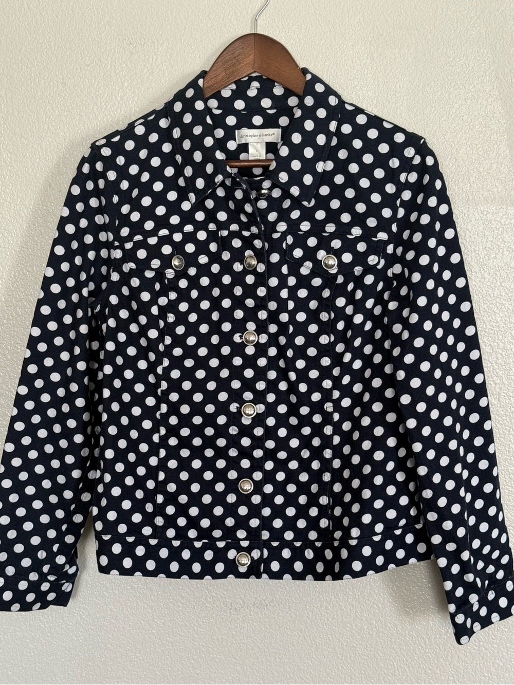 Christopher & Banks Navy and White Polka Dot Jean Jacket